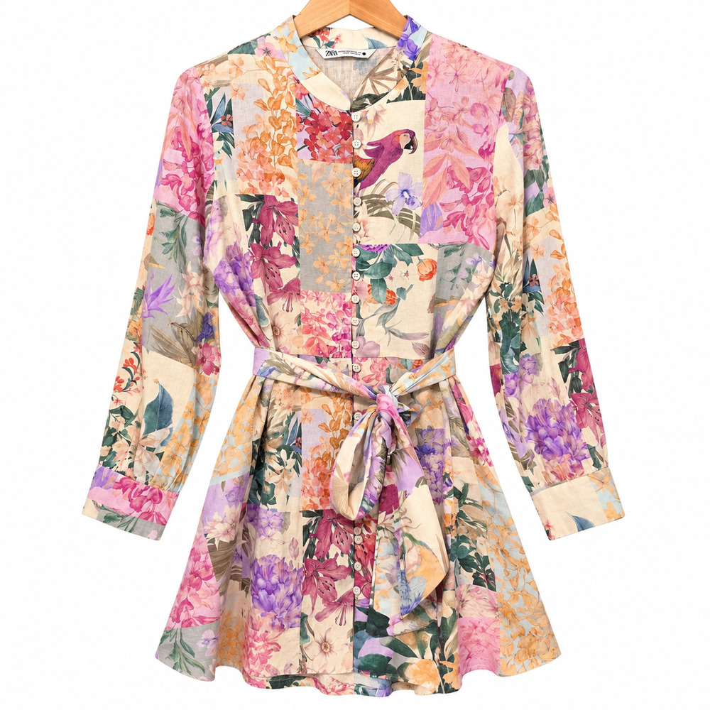 Zara Mini Dress Womens XXL Multicolor Floral Bird Print Button Front Linen Blend